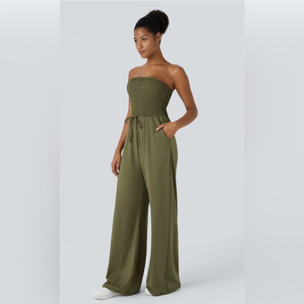 Halara Tube Backless Shirred Knot Side Pocket Wide
Leg Casual Jumpsuit